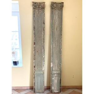 Pair Of 18th Century Pilasters Lacquered Wood Ionic Capitals 