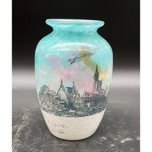 Muller Brothers Luneville Vase Glory To Aviation Flight Of A Doubledecker Over Strasbourg 