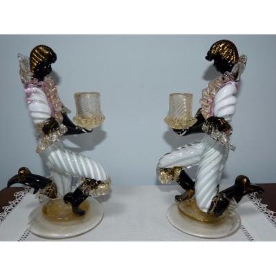 Venice, Pair Of Glass Candlesticks With Gold Inclusions.