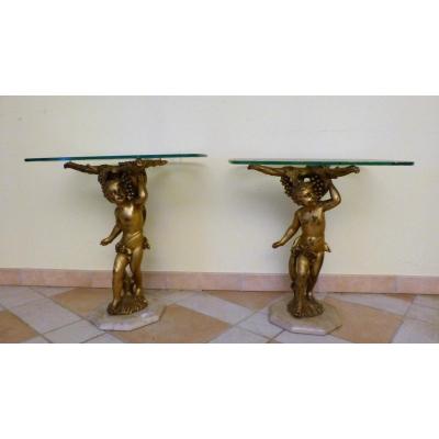 Pair Of Coffee Tables In Golden Wood And Glass Of Venice, Tips Of Sofa