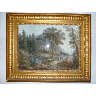 Jean Baptiste Pourcelly Gouache 18th Animated Landscape