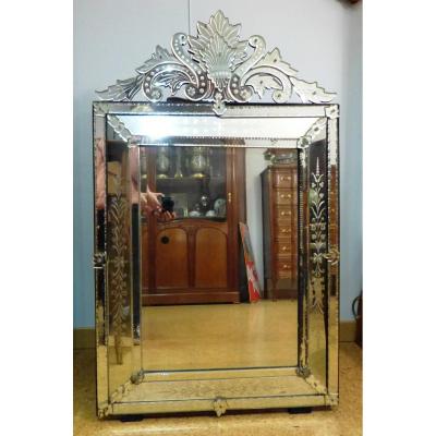 Large Venetian Mirror With Pediment And Bumper 136 Cm