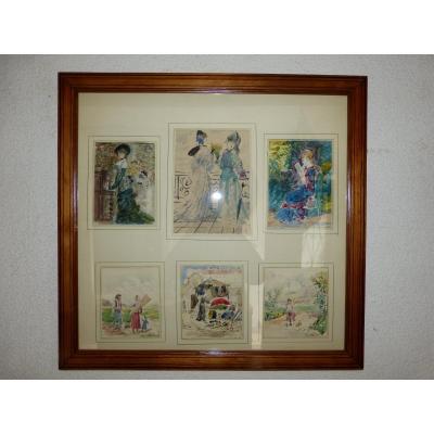 Jules Voirin Suite Of 6 Framed Watercolors