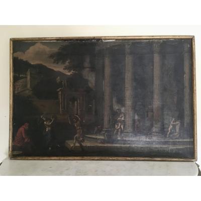 Italie 17ème, Silène Et Son Cortège  79 x 119 cm Paysage De Ruines