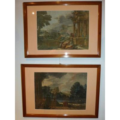 Pierre Antoine Patel (entourage Of) Pair Of Gouaches 18th Ancient Ruins