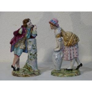 Saint Clément, Paire De Statuettes En Faïence 25 Cm Couple Romantique