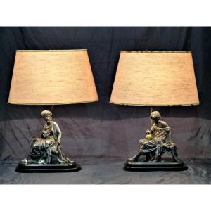 Belles  Lampes En Bronze Argenté Fin XIXème