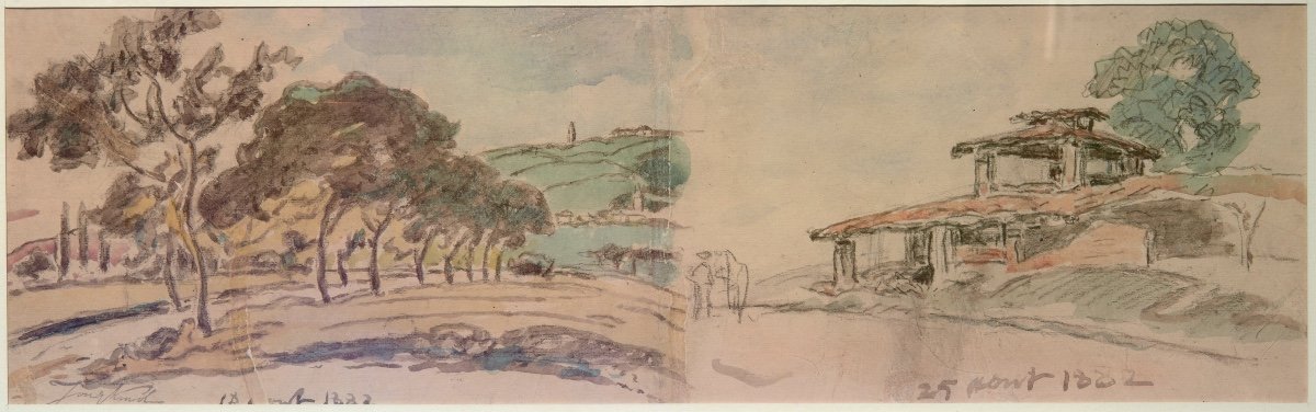 Johan Barthold Jongkind (1819-1891). Aquarelle double-face : Ferme près de la Côte-Saint-André -photo-2