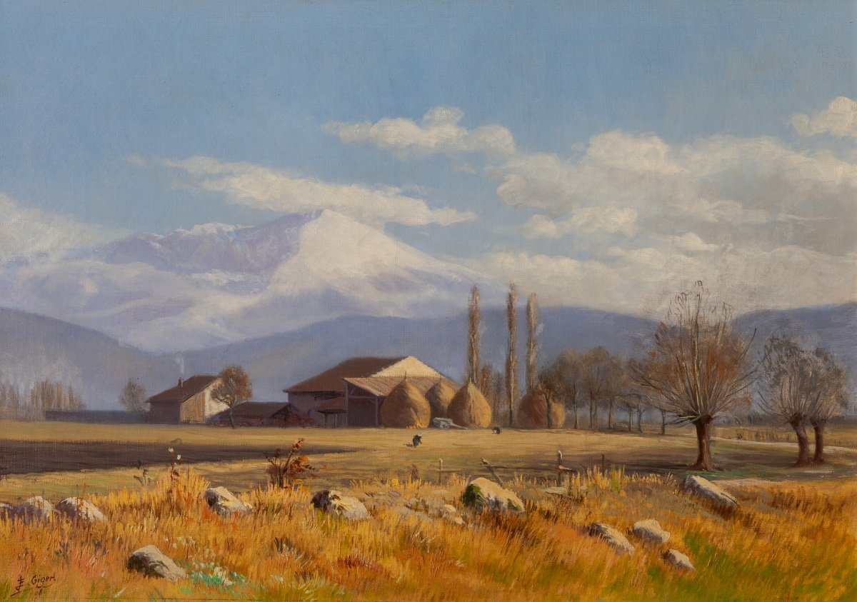 Émile Justin Giger (1879-1952). Ferme dans la plaine de Seyssinet, en fond, le Taillefer, Isère