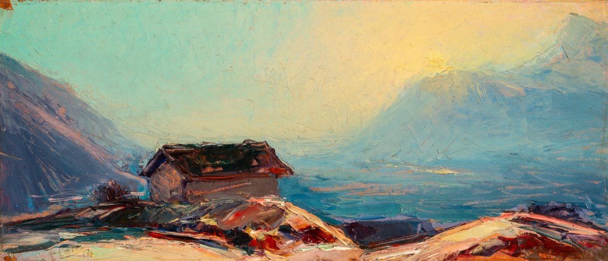 Pierre Calès (1870-1961).  Sur la vallée, soleil couchant. Vue prise de la route d'Allevard.-photo-2