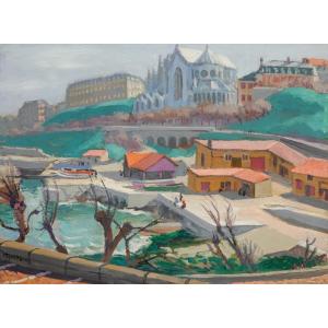 Jules Flandrin (1871-1947). Biarritz. Le port des pêcheurs et l'église Sainte-Eugénie. 1923