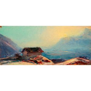 Pierre Calès (1870-1961).  Sur la vallée, soleil couchant. Vue prise de la route d'Allevard.