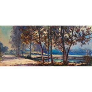 Pierre Calès (Vienne 1870-Tencin 1961). Chemin au bord de l'Isère près du pont de Tencin, 1913