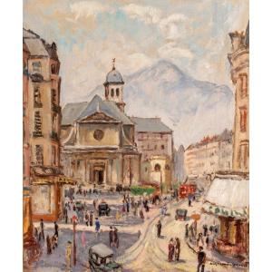 Raymond Gaudet (1889-1967). Grenoble. Lively Rue Félix Poulat. Around 1920