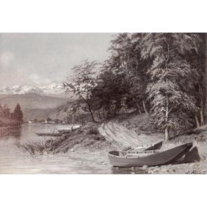 Ernest Hareux (1805-1897). Les bras de l'Isère aux environs de Gières.  La Chaîne de Belledonne