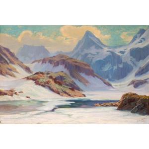 Hippolyte Mouthier (1880-1975). Lac du Petit Domènon en hiver. Massif de Belledonne