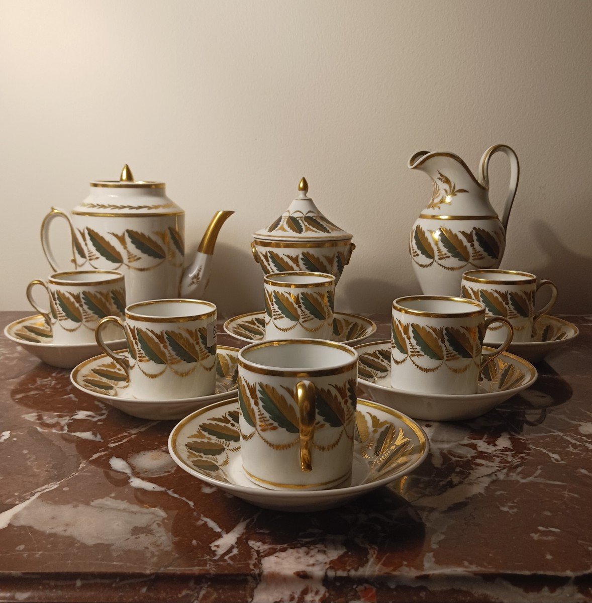 Manufacture De Locré - Tea Service - Gilded And Painted Porcelain - Empire, Restoration - 9 Pieces