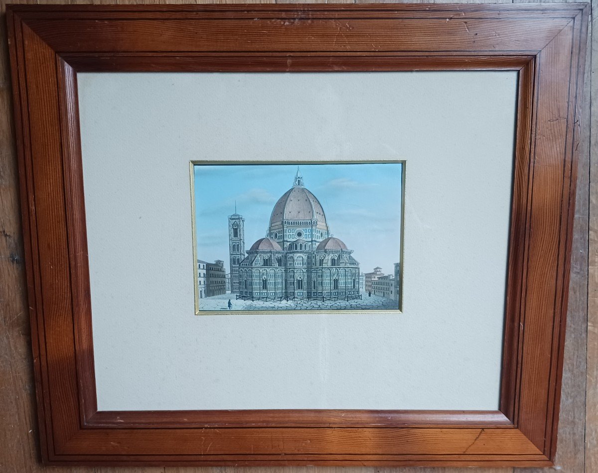 Souvenir De Grand Tour - Veduti Of The Duomo In Florence - Louis Philippe Period Pitchpin Frame-photo-4