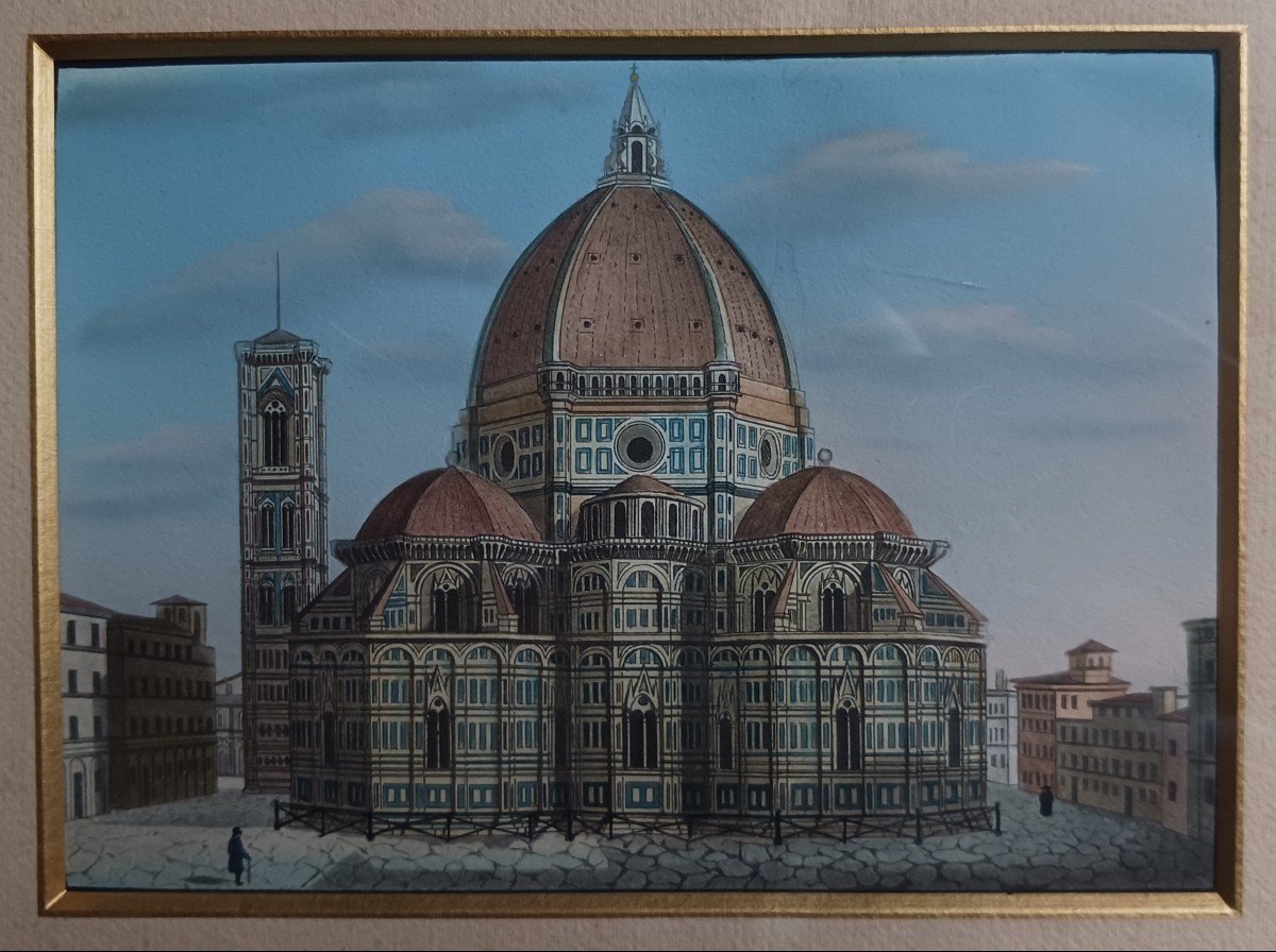 Souvenir De Grand Tour - Veduti Of The Duomo In Florence - Louis Philippe Period Pitchpin Frame-photo-2