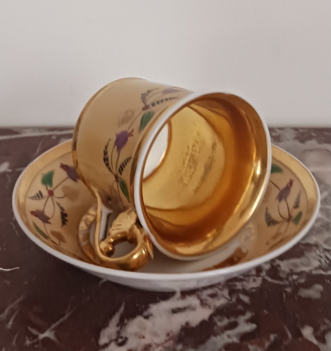Paris, Restoration Period - 4 Cornet Or Jasmine Cups And Saucers - Nankin And Gold Background - Porcelain-photo-6