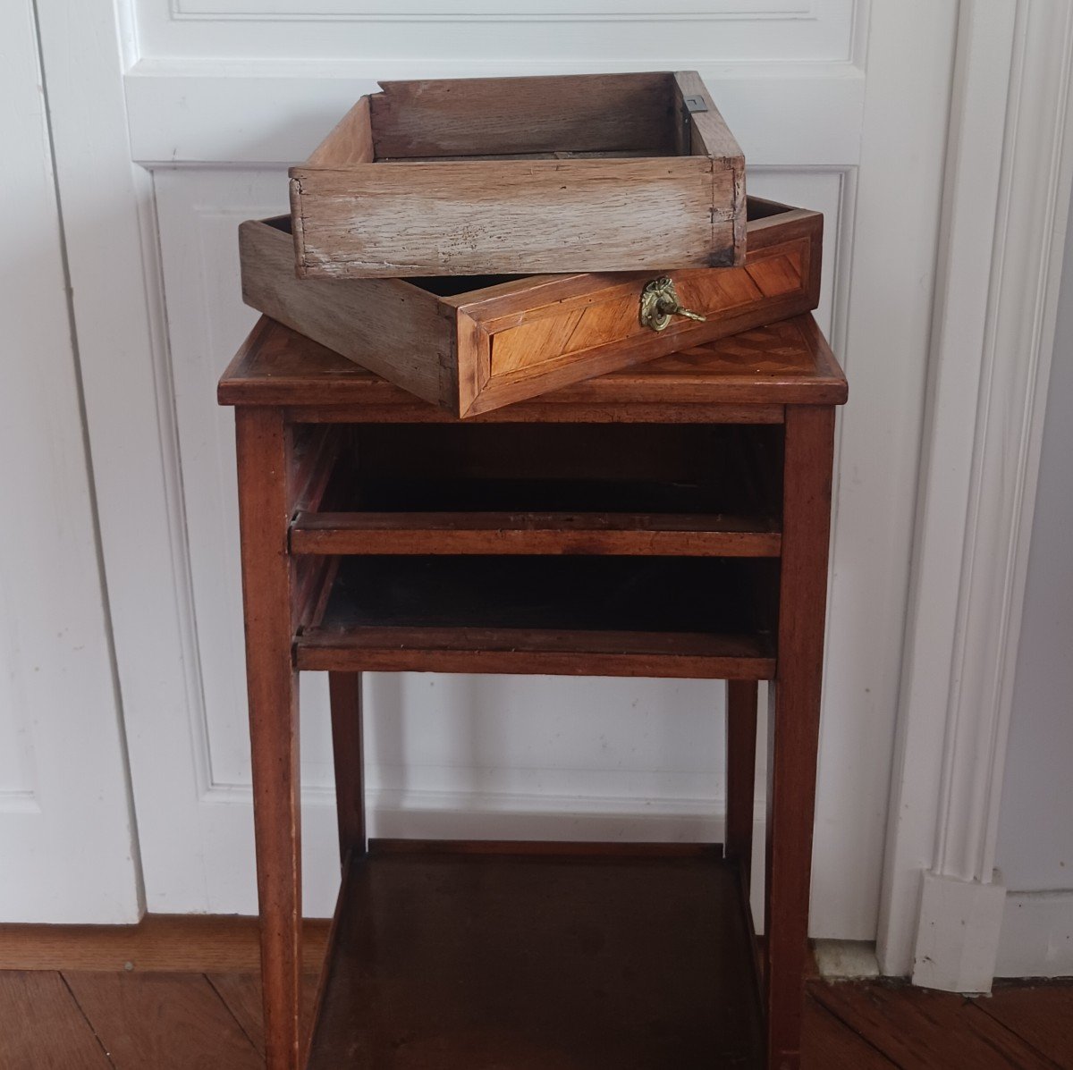 France, Late 18th Century - Small Louis XVI Bedside Table - Marquetry Of Cubes-photo-2