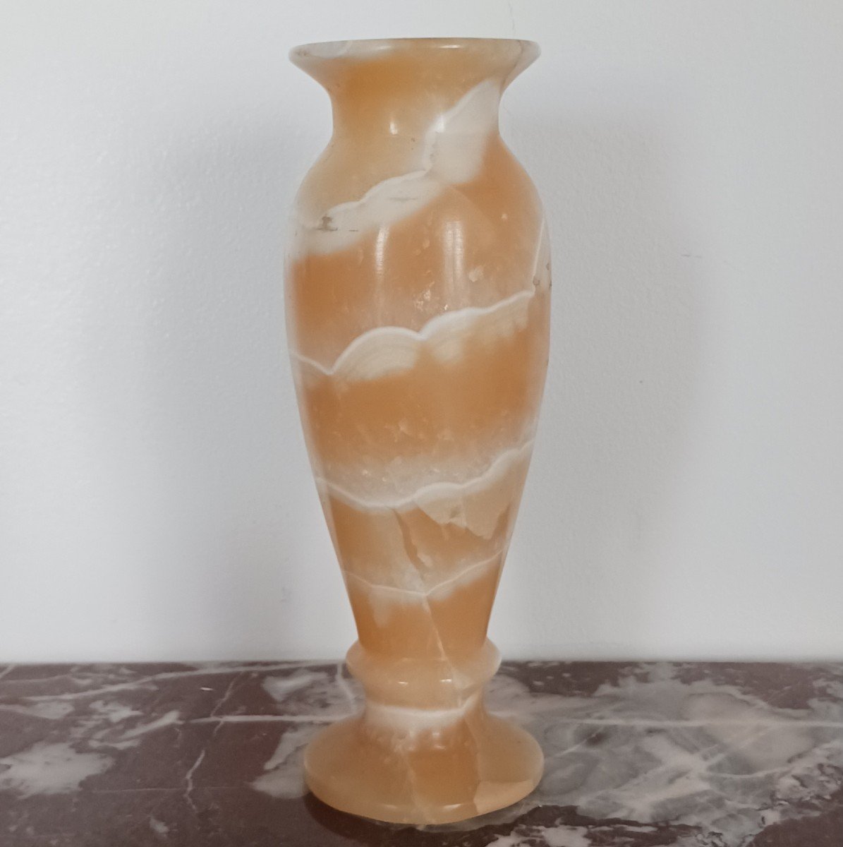 Intéressant vase balustre - albâtre rubané tourné - travail moderne-photo-3