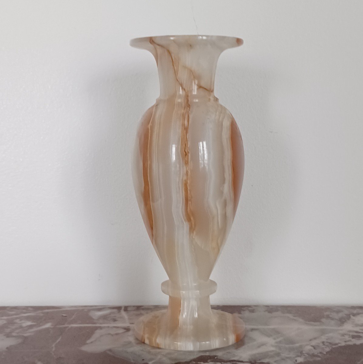 Intéressant vase balustre - albâtre ou onyx rubané tourné - travail moderne-photo-2