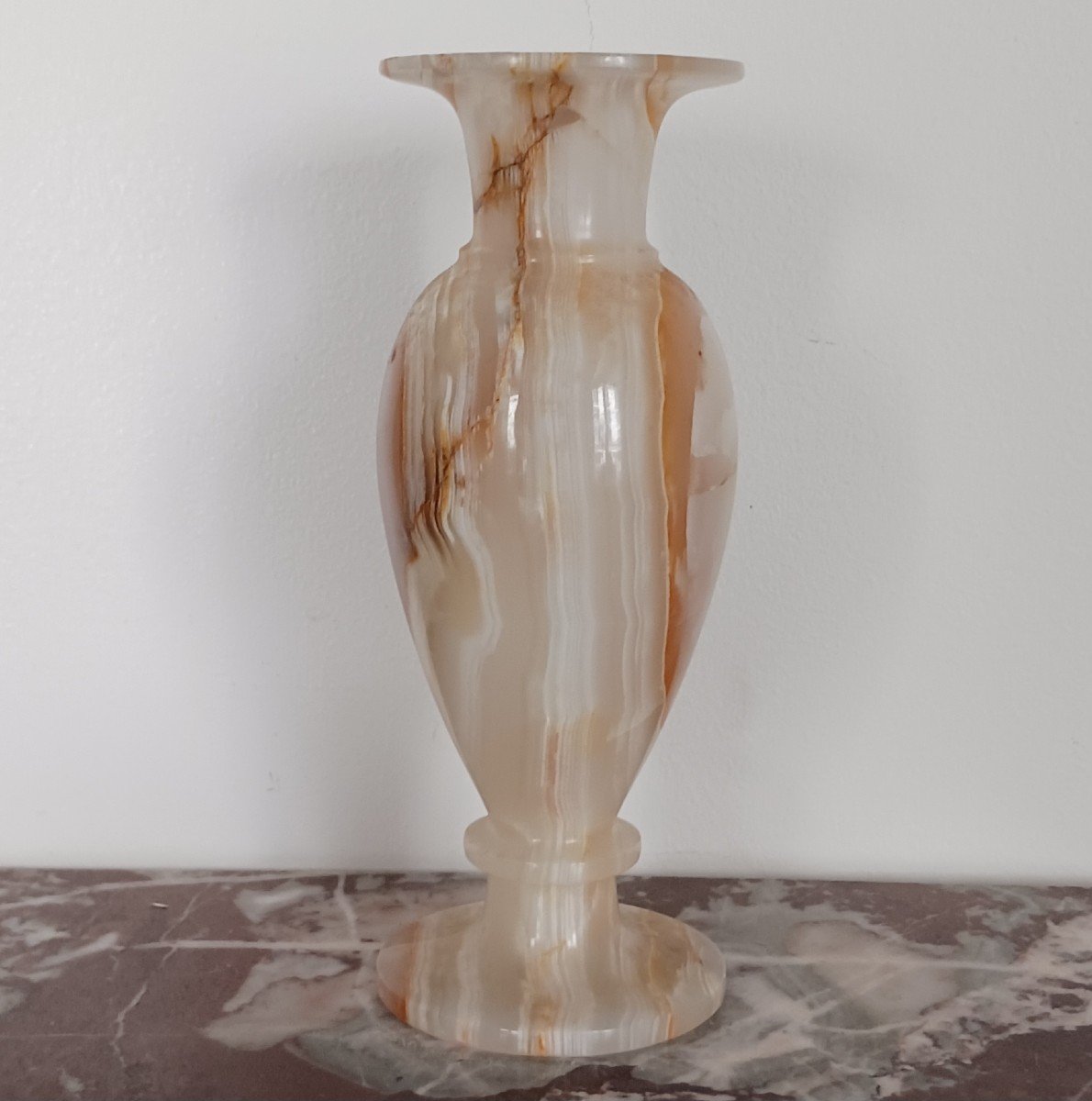 Intéressant vase balustre - albâtre ou onyx rubané tourné - travail moderne-photo-3