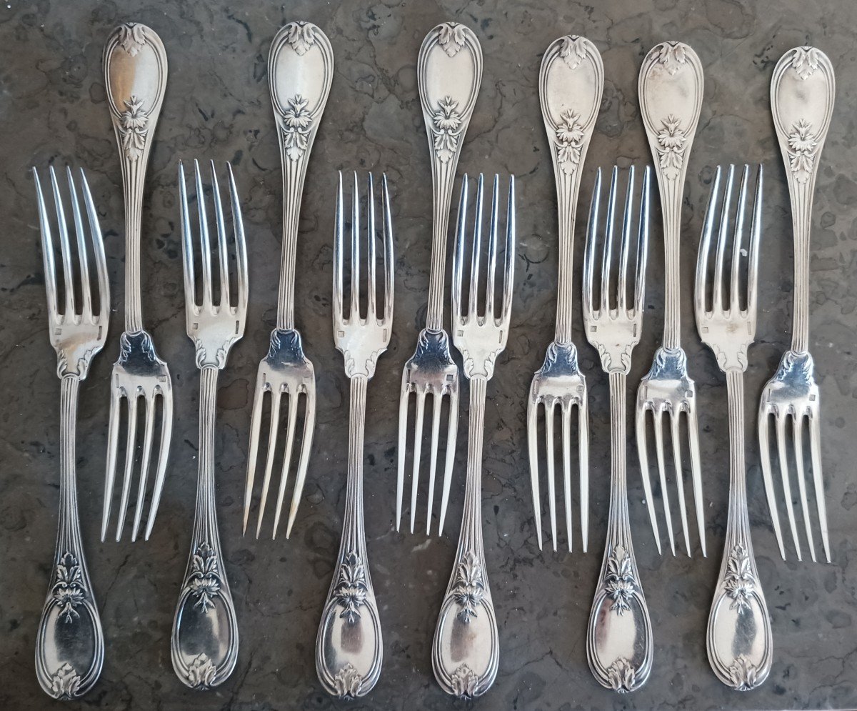 Christofle, Trianon Model - Set Of 12 Table Spoons And Forks - Silver-plated Metal-photo-3