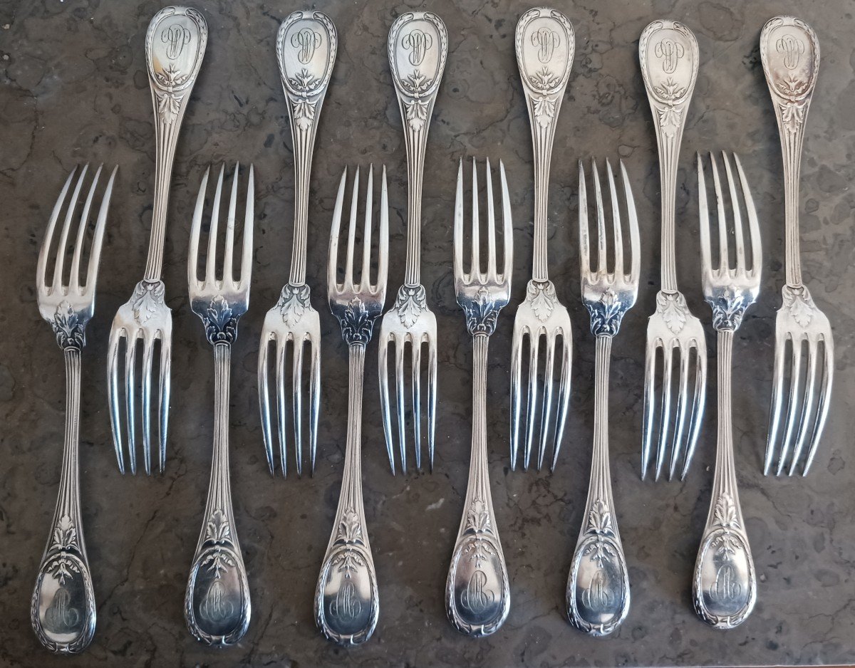 Christofle, Trianon Model - Set Of 12 Table Spoons And Forks - Silver-plated Metal-photo-1