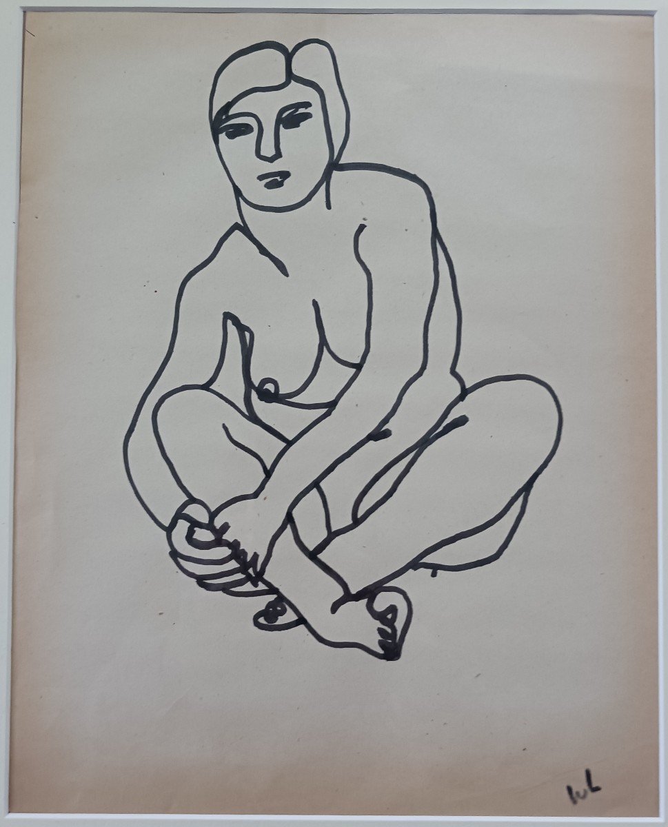 Lam Dong, Ecole De Paris - Nude Of A Seated Woman - Ink On Paper-photo-3