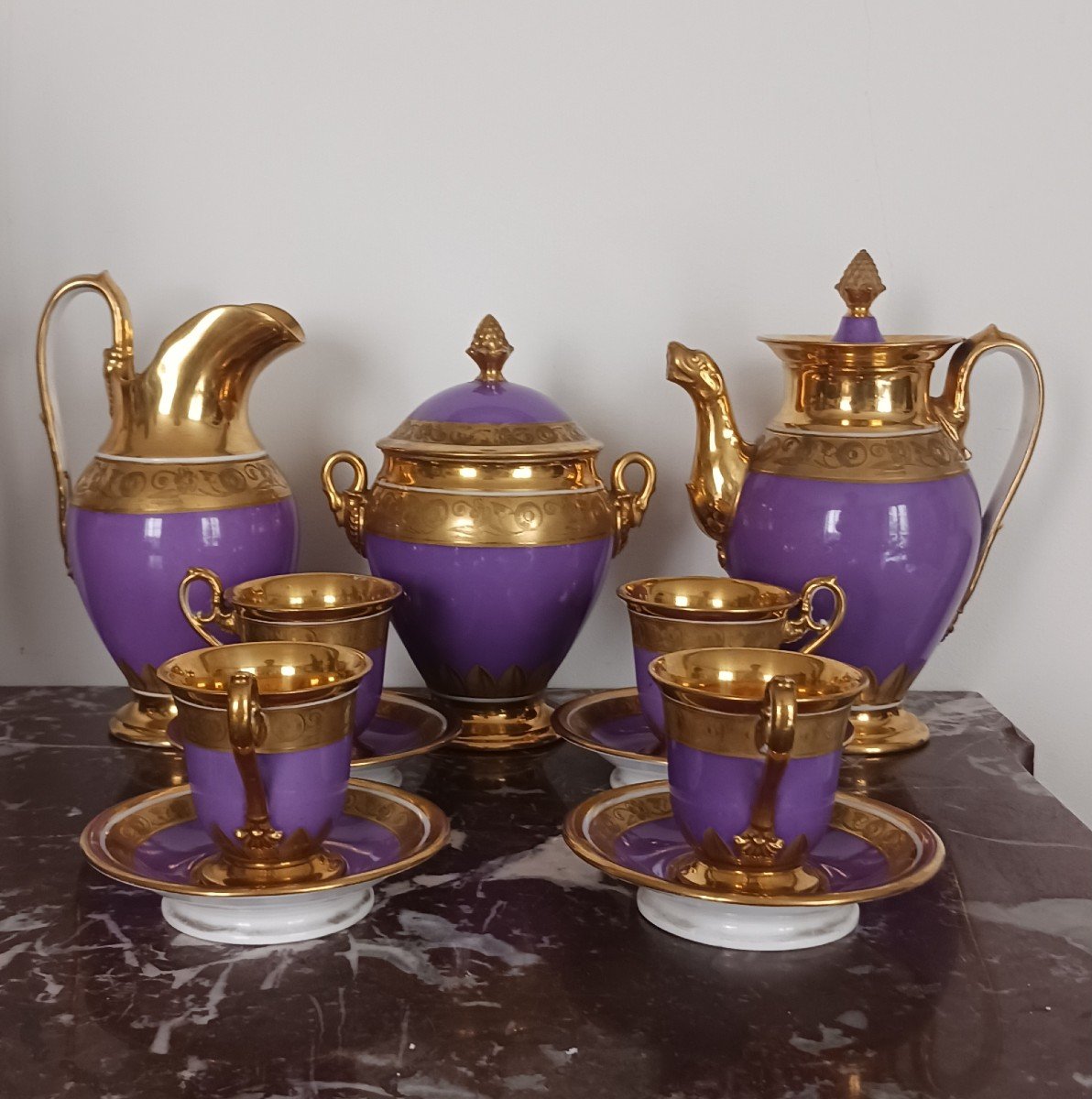 Duhamel - Porcelain Tea/coffee Set, Violet Background - Empire, Restoration Period