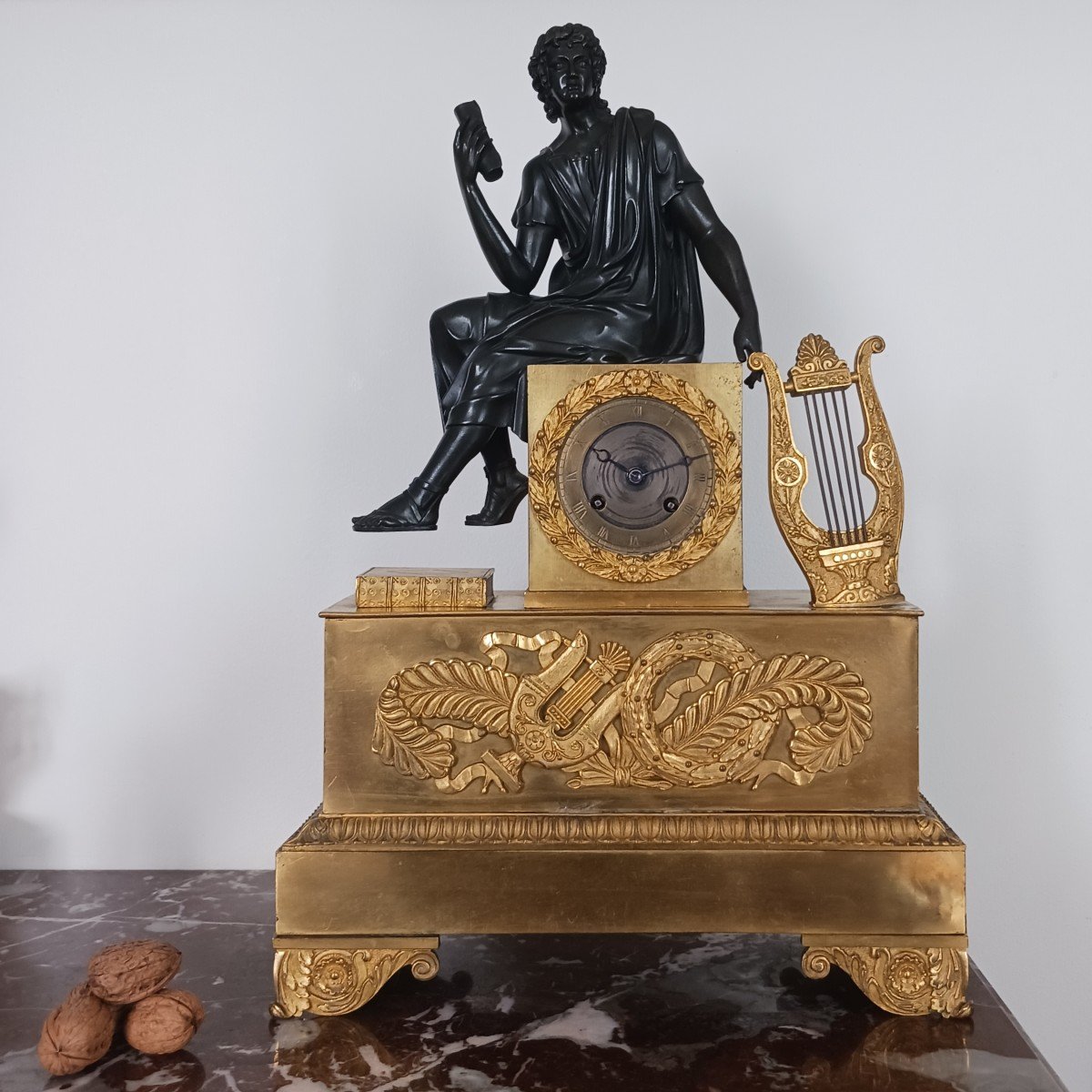 Paris, Restoration Period - Large Ormolu Bronze Clock With Patina - Apollo 