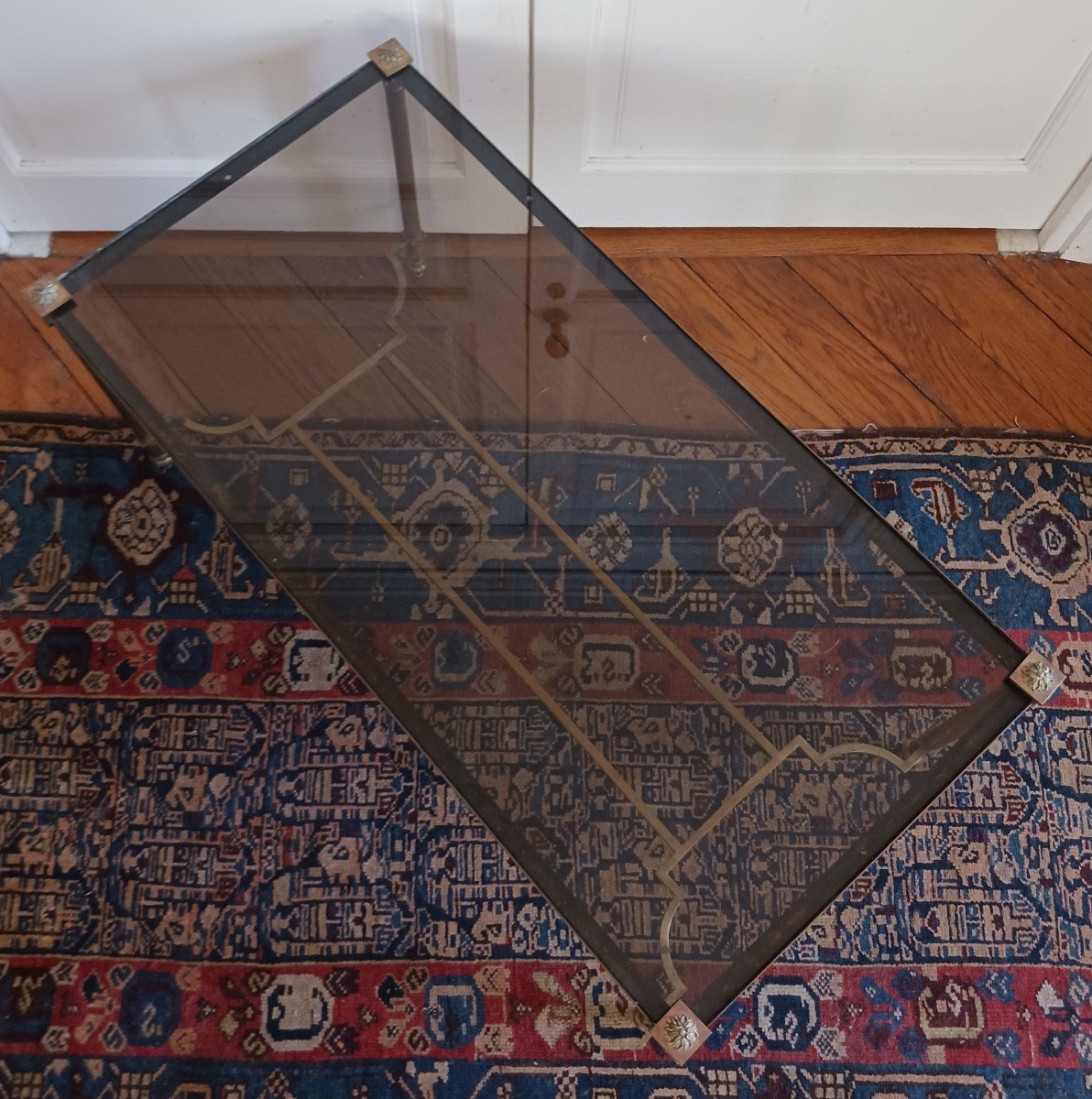 Maison Jansen, dlg de - table basse quadrangulaire en métal doré et verre fumé - 60s/70s-photo-2