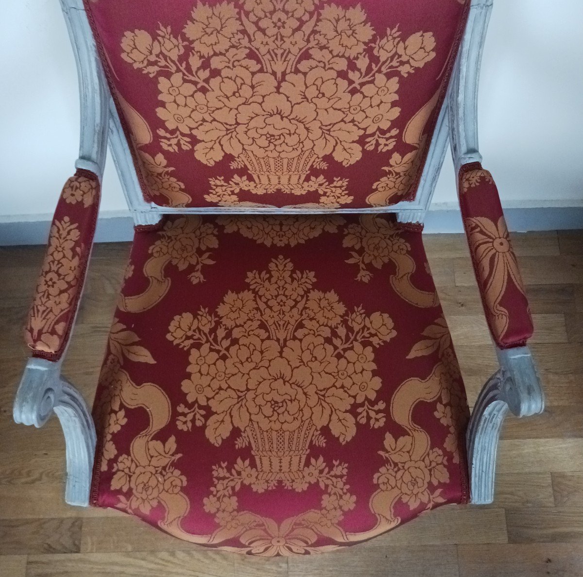 Paris, Louis XVI Period - Queen's Armchair - Lacquered Wood, Lelièvre Silk-photo-3