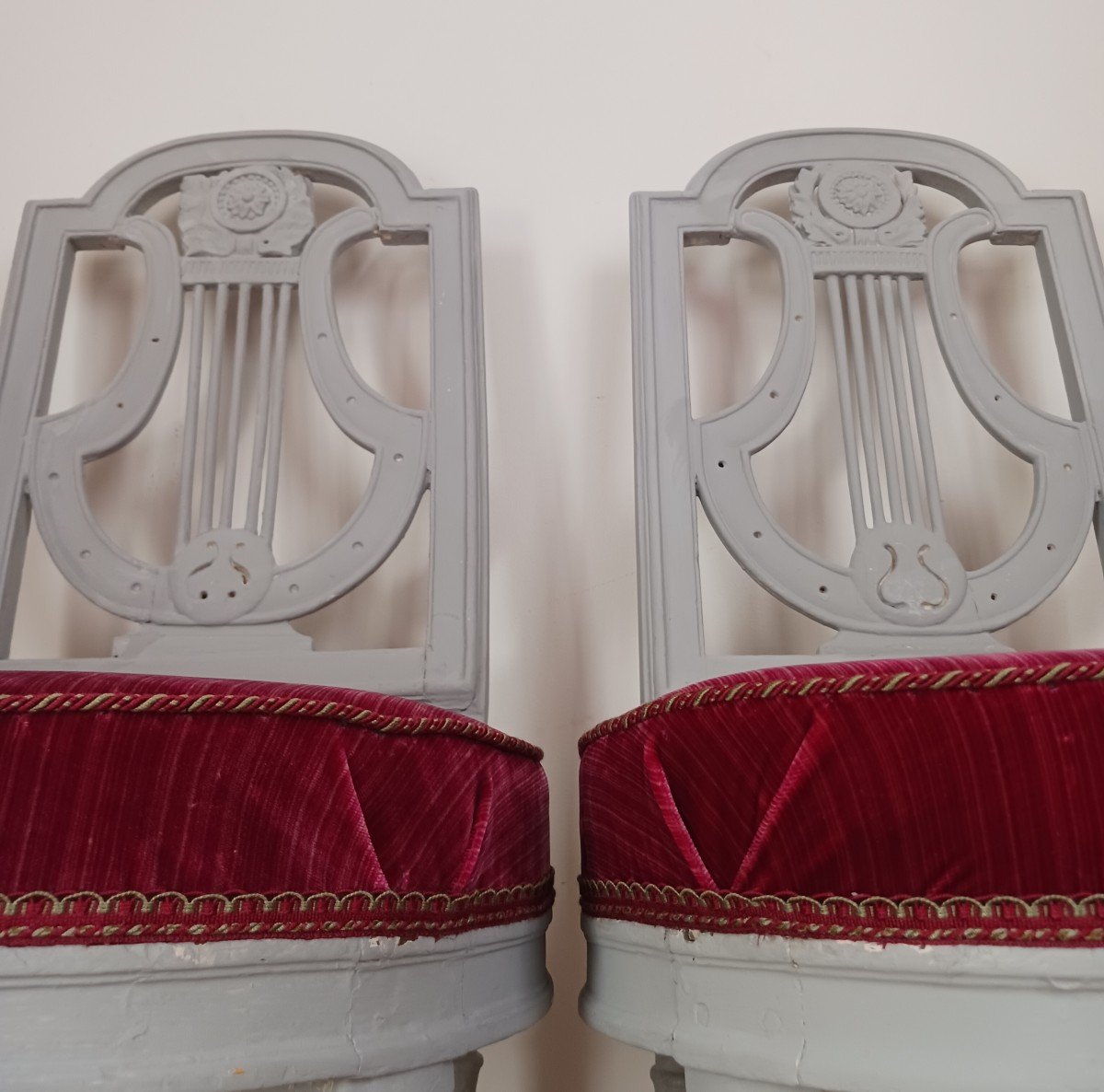 France, Louis XVI Period - Pair Of Lyre Chairs, Relacquered And Maddered Silk Velvet-photo-3