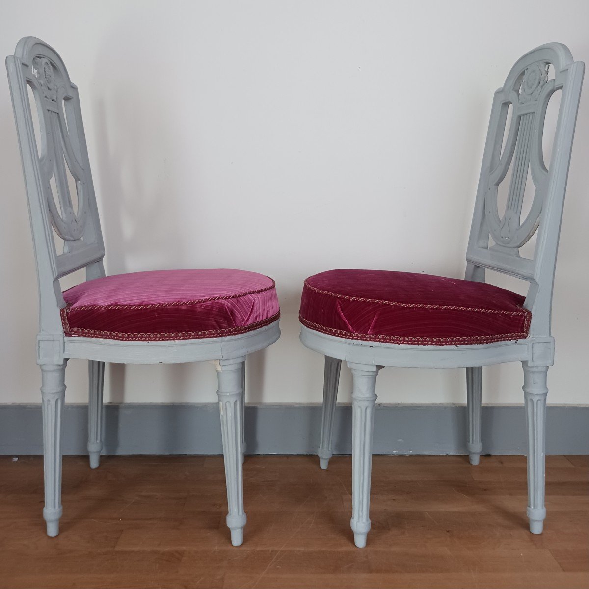 France, Louis XVI Period - Pair Of Lyre Chairs, Relacquered And Maddered Silk Velvet-photo-3