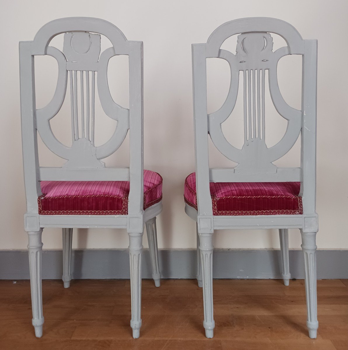 France, Louis XVI Period - Pair Of Lyre Chairs, Relacquered And Maddered Silk Velvet-photo-4