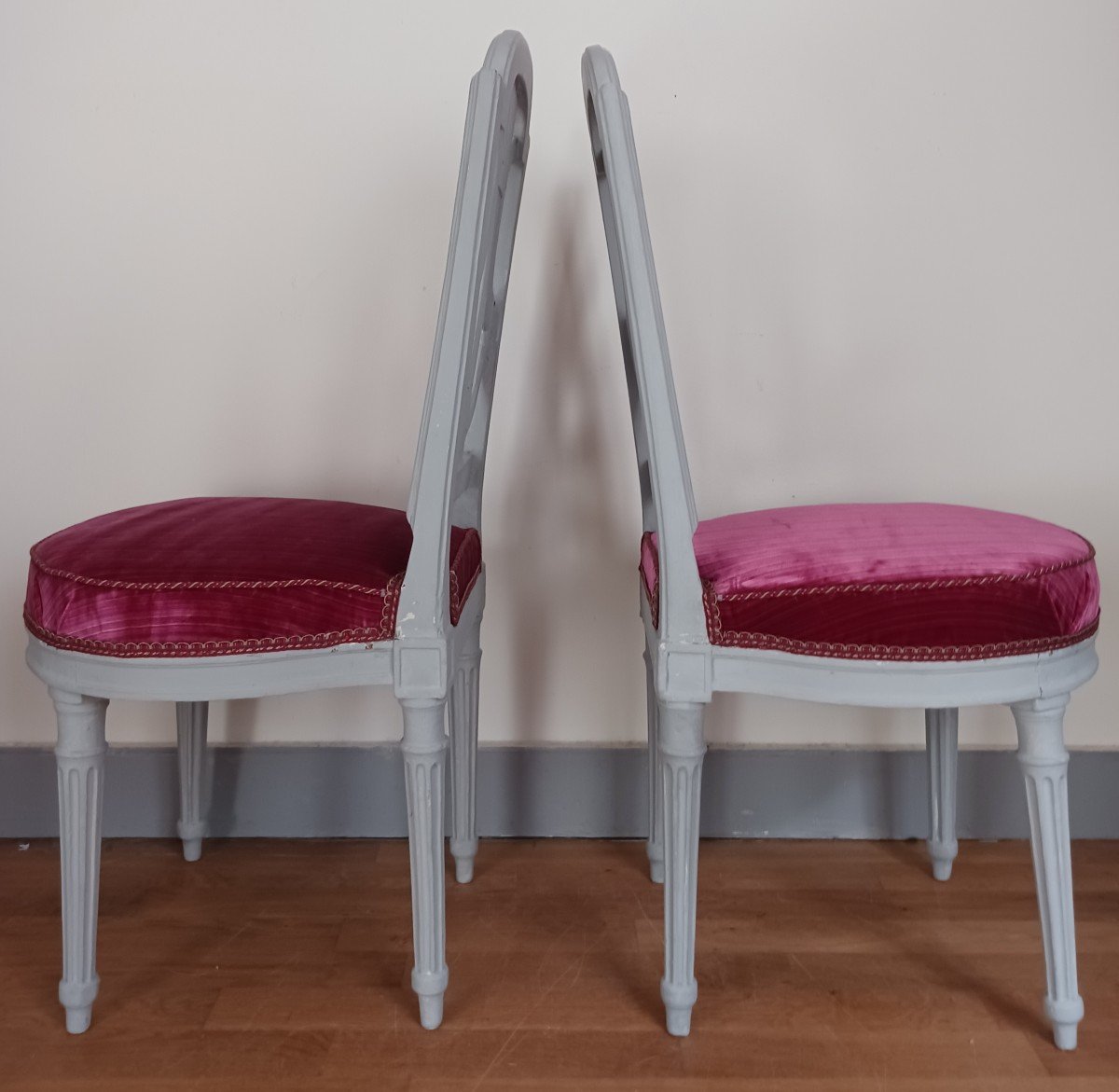 France, Louis XVI Period - Pair Of Lyre Chairs, Relacquered And Maddered Silk Velvet-photo-5