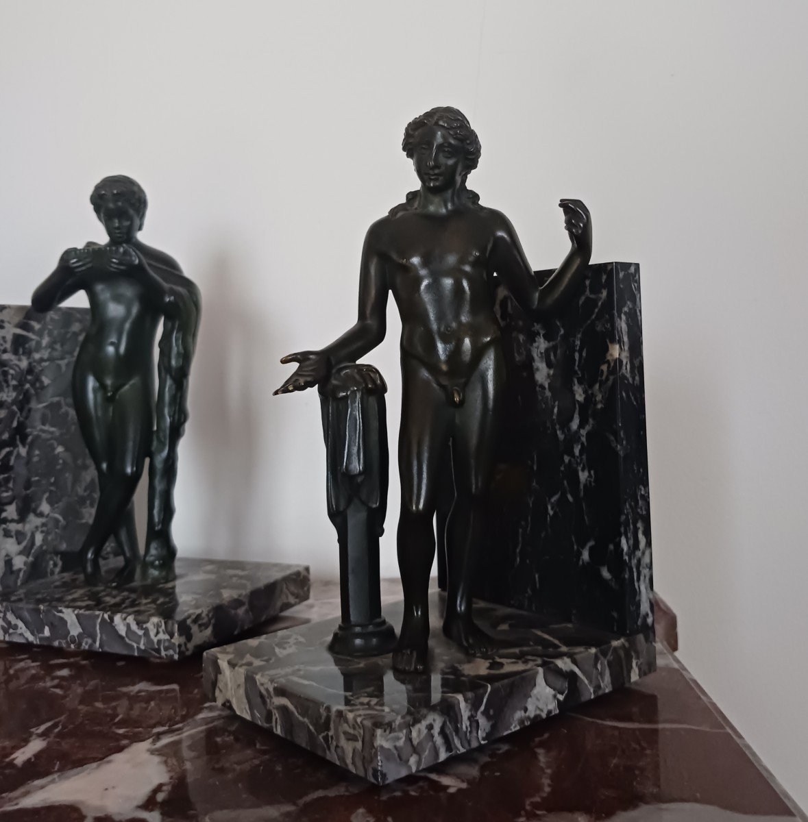 Souvenir Du Grand Tour - Pair Of Marble Bookends - Apollo And Satyre-photo-2