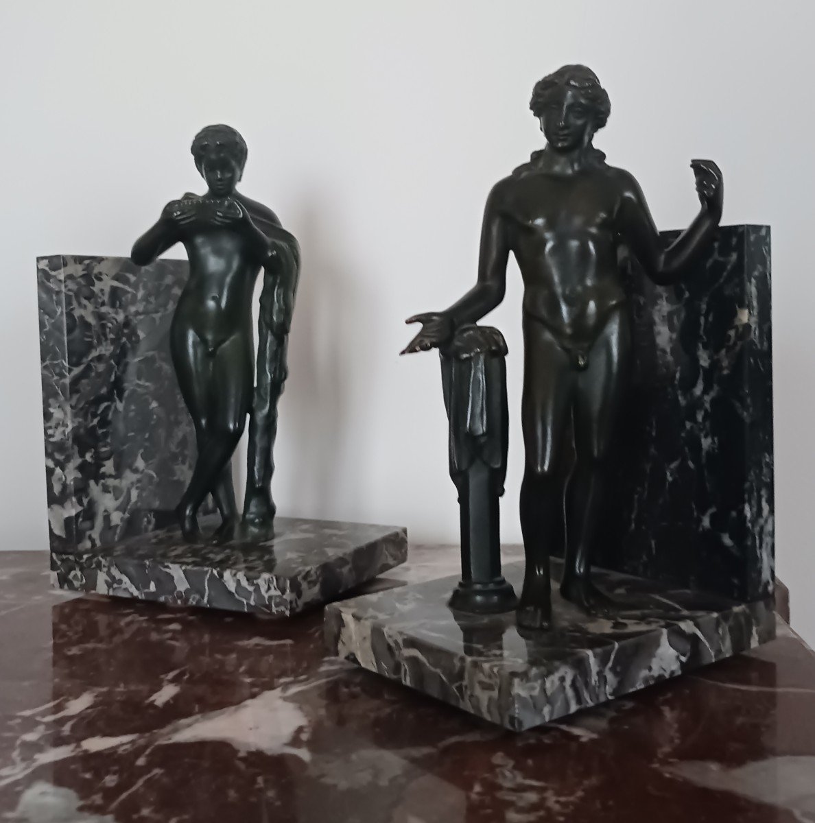 Souvenir Du Grand Tour - Pair Of Marble Bookends - Apollo And Satyre