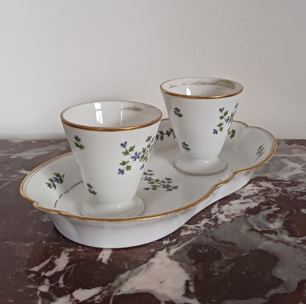 Dihl et Guérhard - confiturier double en porcelaine, décor aux barbaux, circa 1800-photo-3