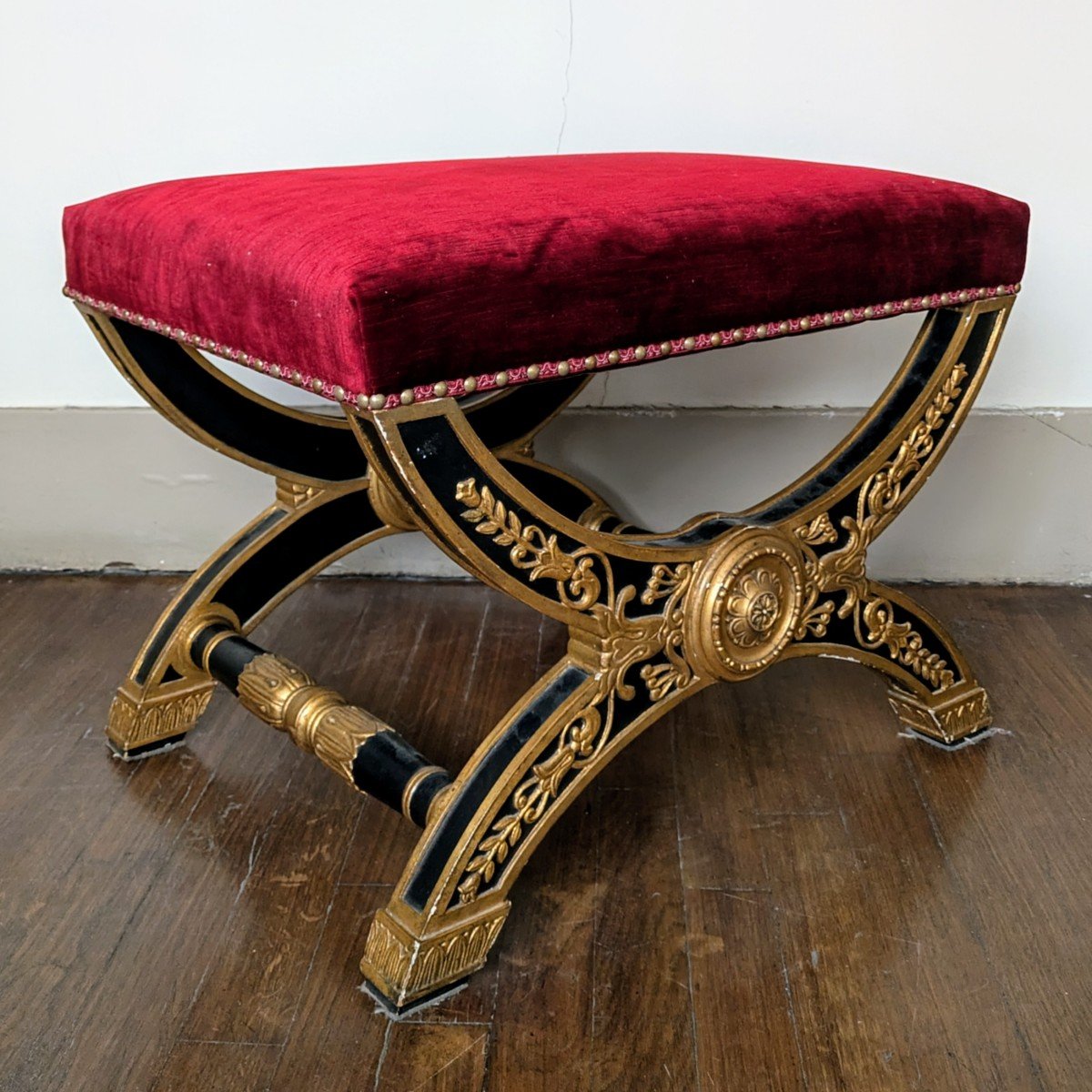 Grand tabouret curule d'apparat - bois peint et doré - style Empire-photo-2