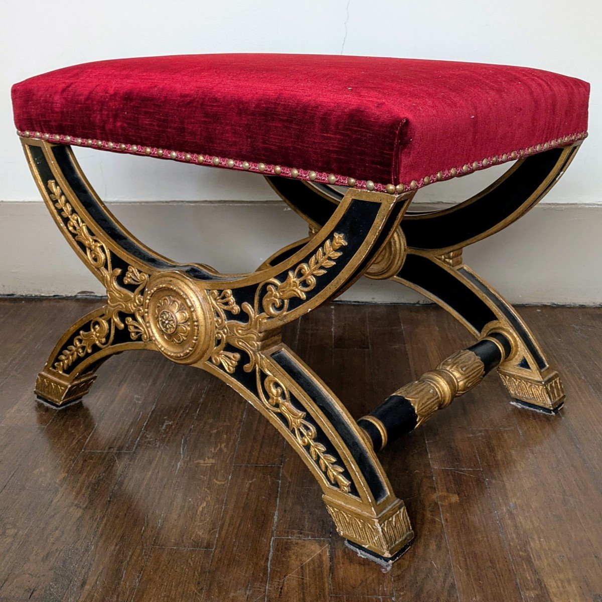 Grand tabouret curule d'apparat - bois peint et doré - style Empire-photo-4