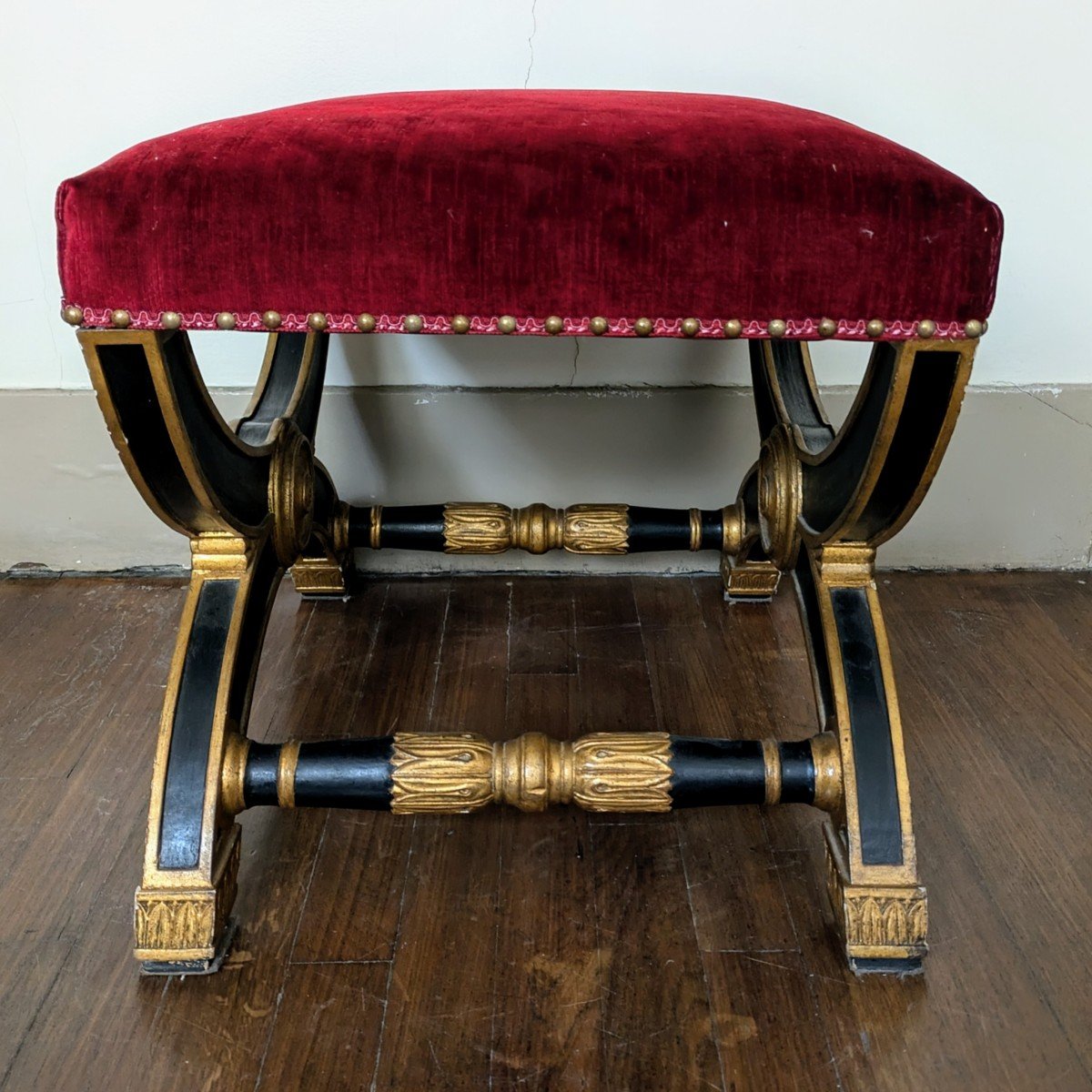 Grand tabouret curule d'apparat - bois peint et doré - style Empire-photo-1