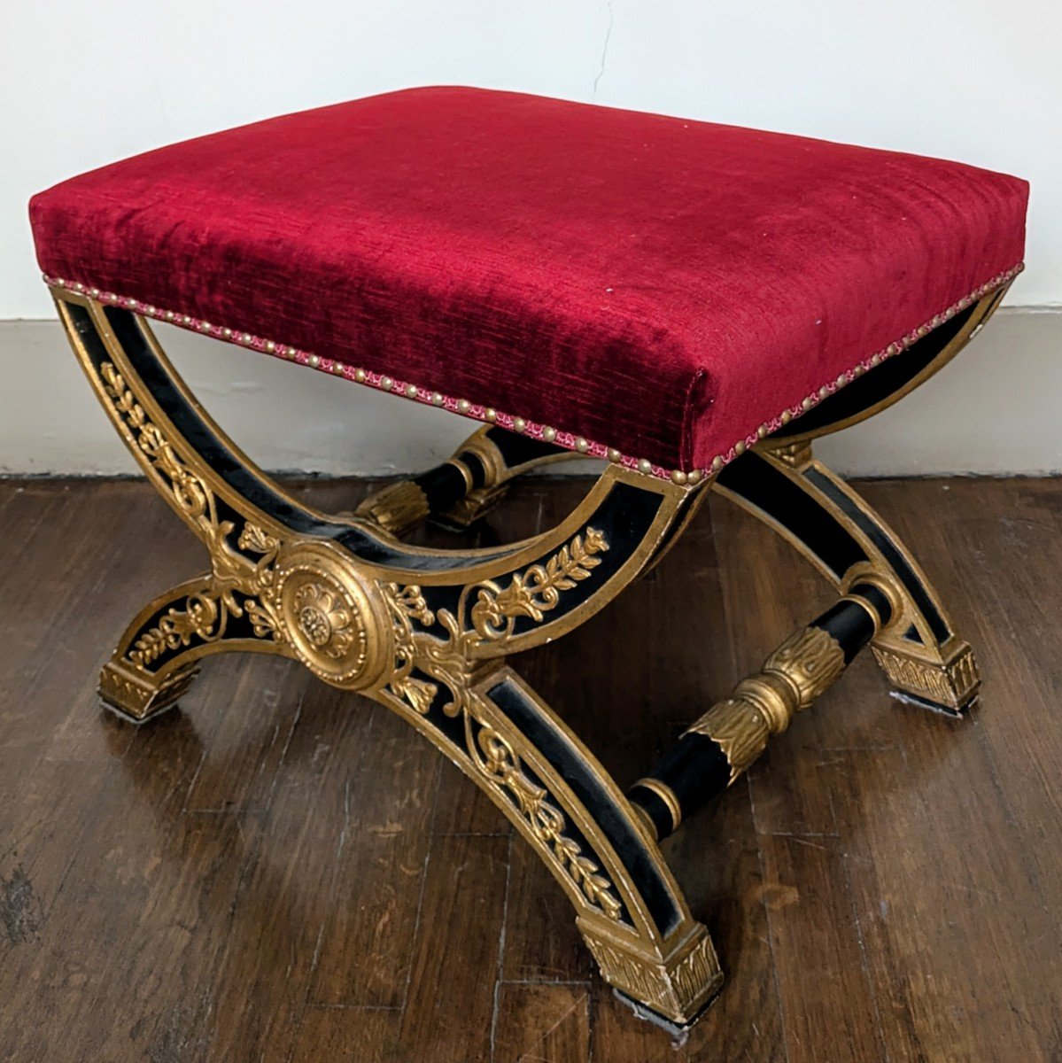 Grand tabouret curule d'apparat - bois peint et doré - style Empire-photo-3