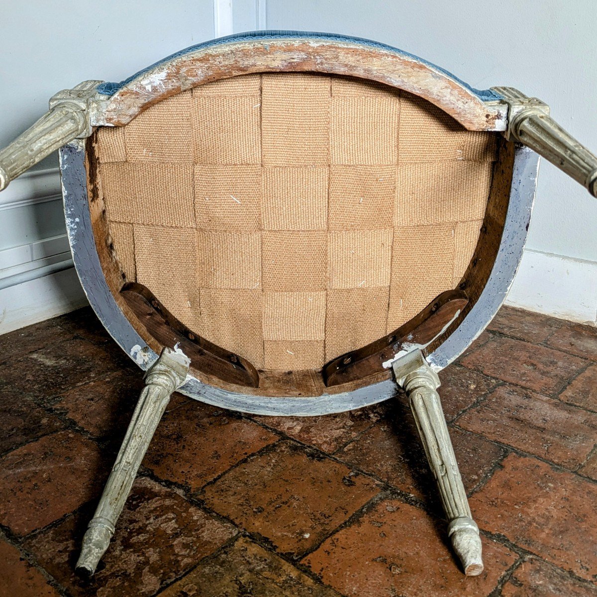 Fauteuil en cabriolet d'époque Louis XVI - bois laqué et velours jaspé-photo-3