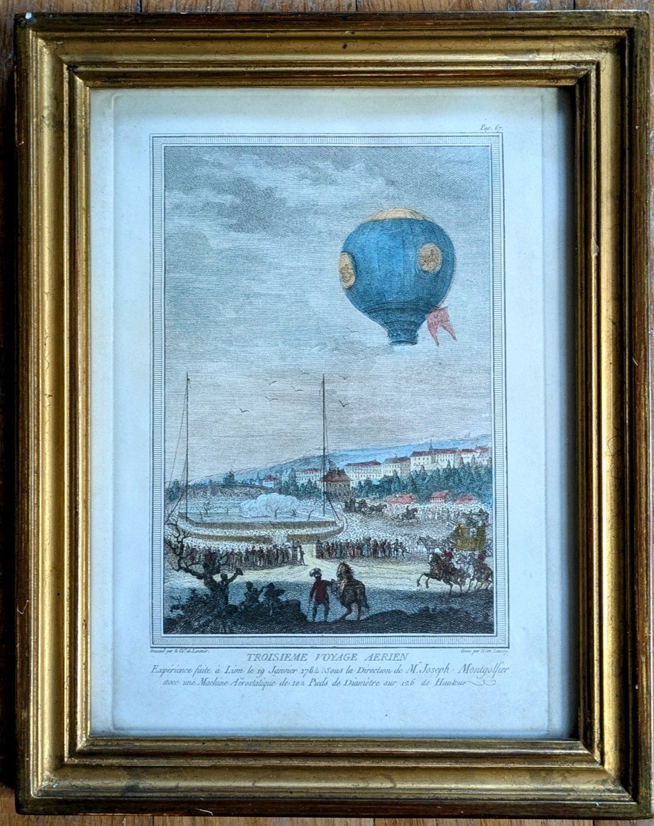 Lithographie du troisième voyage aérien - Aérostat, ballon monté