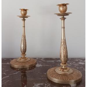Claude Galle - paire de bougeoirs ou flambeaux en balustre - riche décor doré - époque Empire