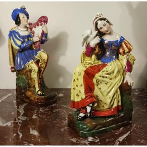 Jacob Petit - Rare Pair Of Large Troubadour Flacons - Porcelain - Restoration Period, Louis Philippe